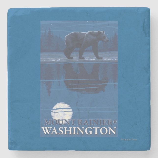 Bear in Moonlight - Mount Rainier, Washington Stone Coaster (Front)