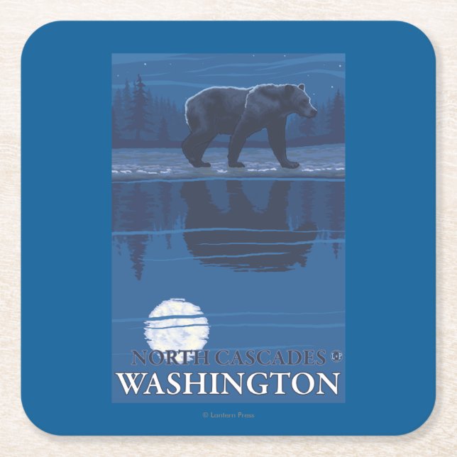 Bear in Moonlight - North Cascades, Washington Square Paper Coaster (Front)