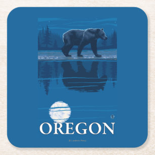 Bear in Moonlight- Vintage Travel Poster Square Paper Coaster