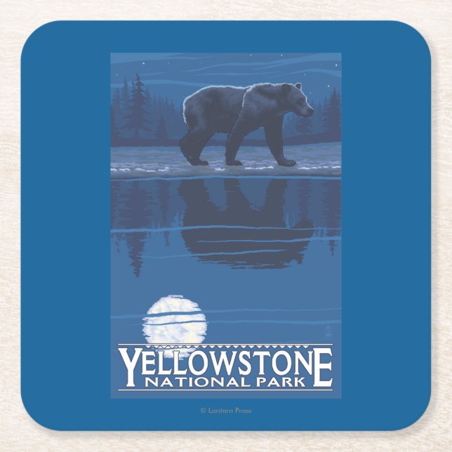 Bear in Moonlight - Yellowstone National Park Square Paper Coaster (Front)