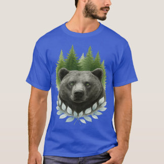Bear in pines and light blue leaves retro girl T-Shirt