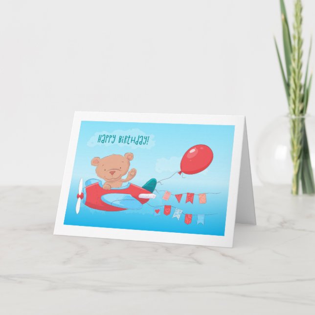 Bear In Plane With Balloon Birthday Card (Front)