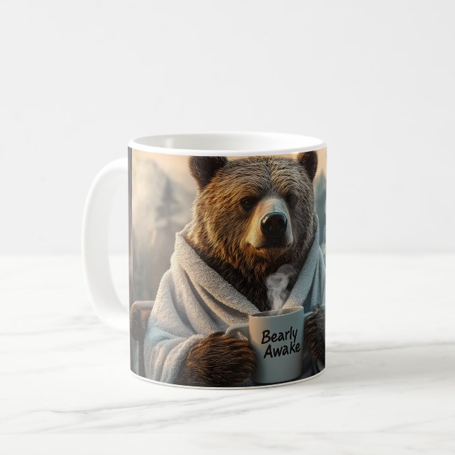 Bear in Robe Holding Coffee Mug (Front Left)