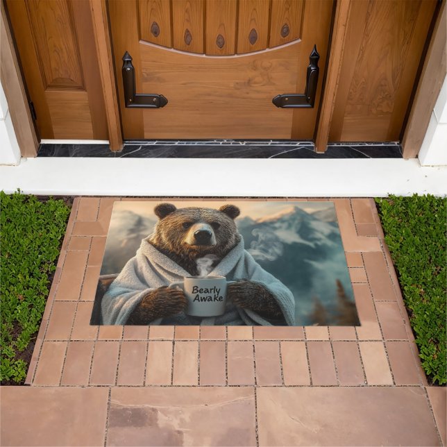 Bear in Robe Holding Coffee Mug Doormat (Outdoor)