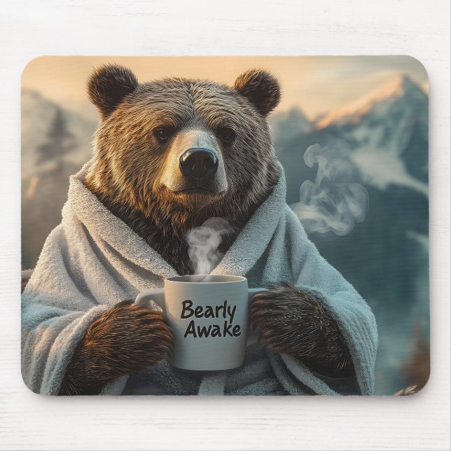 Bear in Robe Holding Coffee Mug Mouse Pad (Front)