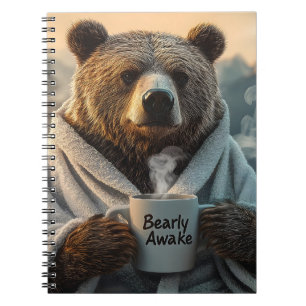 Bear in Robe Holding Coffee Mug Notebook
