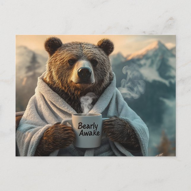 Bear in Robe Holding Coffee Mug Postcard (Front)