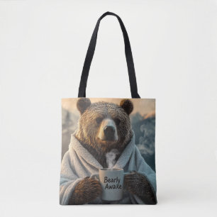 Bear in Robe Holding Coffee Mug Tote Bag