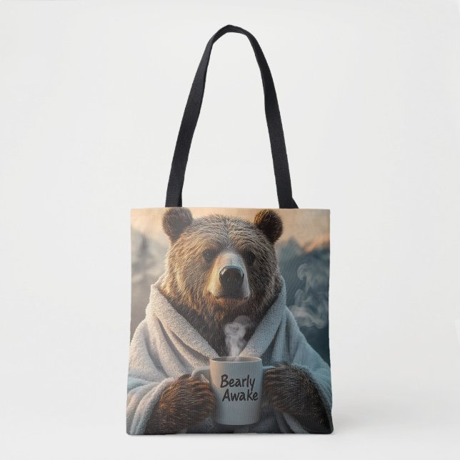 Bear in Robe Holding Coffee Mug Tote Bag (Front)