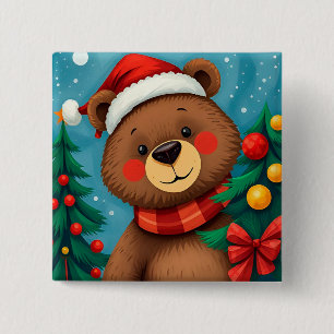 Bear in Santa Hat Among Christmas Trees 15 Cm Square Badge