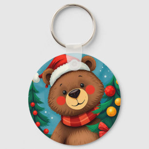 Bear in Santa Hat Among Christmas Trees Key Ring