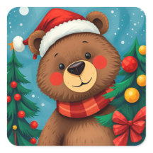 Bear in Santa Hat Among Christmas Trees