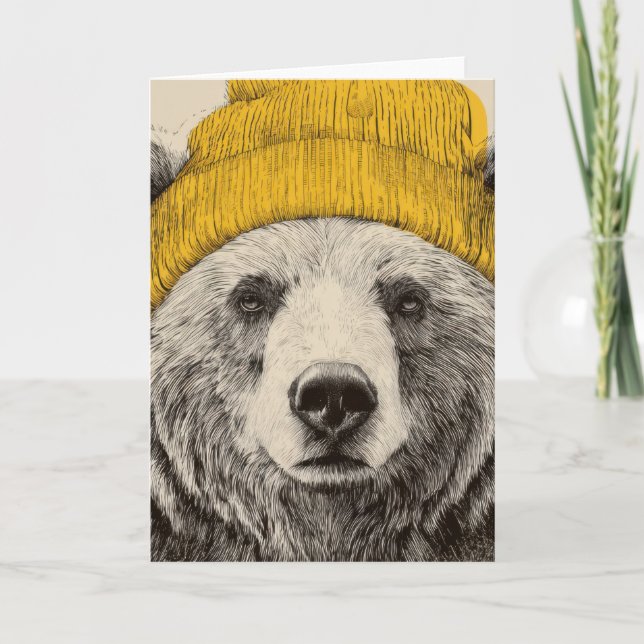 Bear in Yellow Beanie Rustic Woodland Animal  Holiday Card (Front)