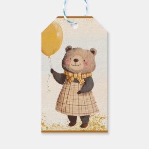 Bear in Yellow Plaid Dress with Yellow Balloon Gift Tags
