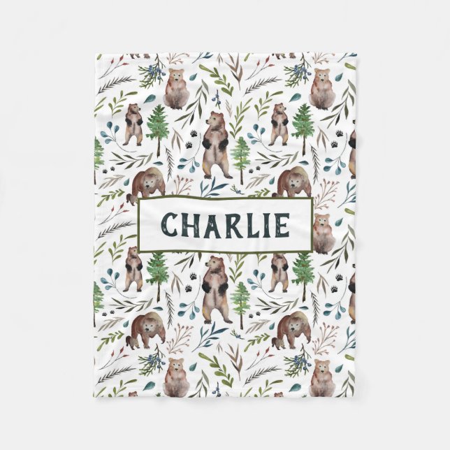 Bear, leaves, and trees Personalised Blanket (Front)