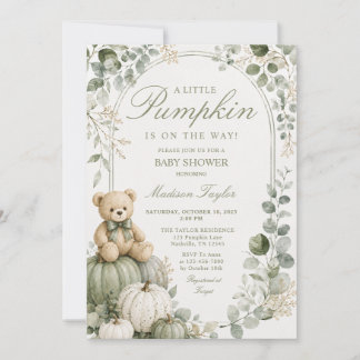 Bear Little Pumpkin Baby Shower Sage Green Floral Invitation