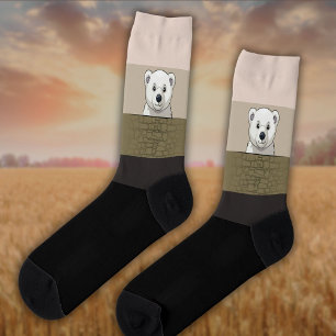 Bear looking over wall, Beige and Dark Colors Socks