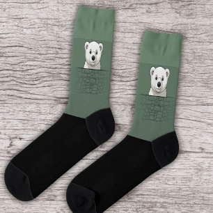 Bear looking over wall, Dark Pastel Green Socks
