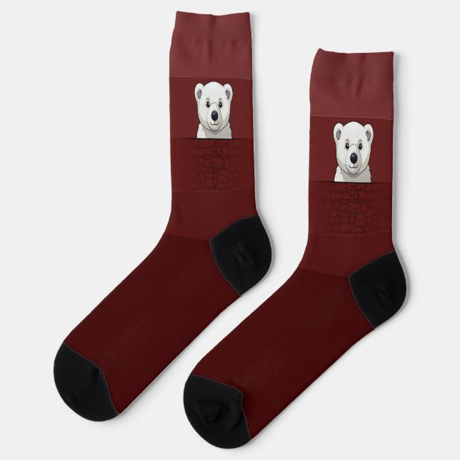 Bear looking over wall, Dark Red Velvet Shades Socks (Left)