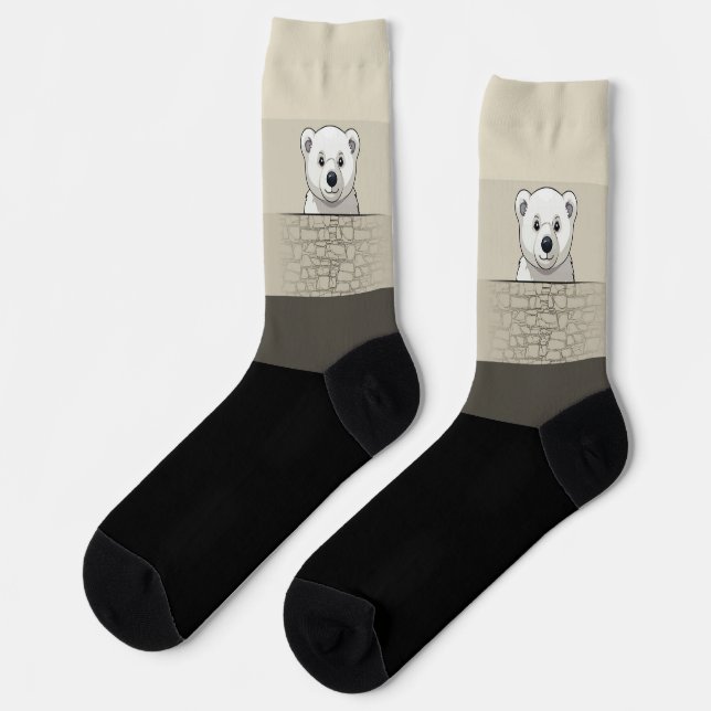 Bear looking over wall, Soft Cream with Raisin Socks (Left)
