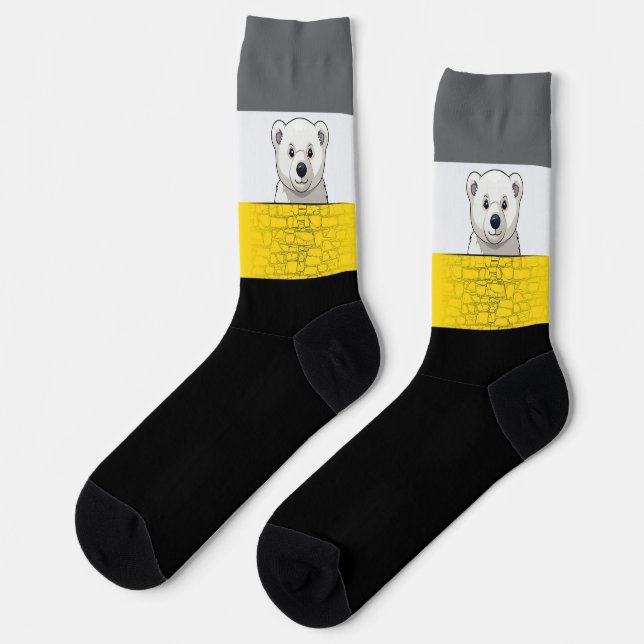 Bear looking over wall, Yellow, Black and Grey Socks (Left)