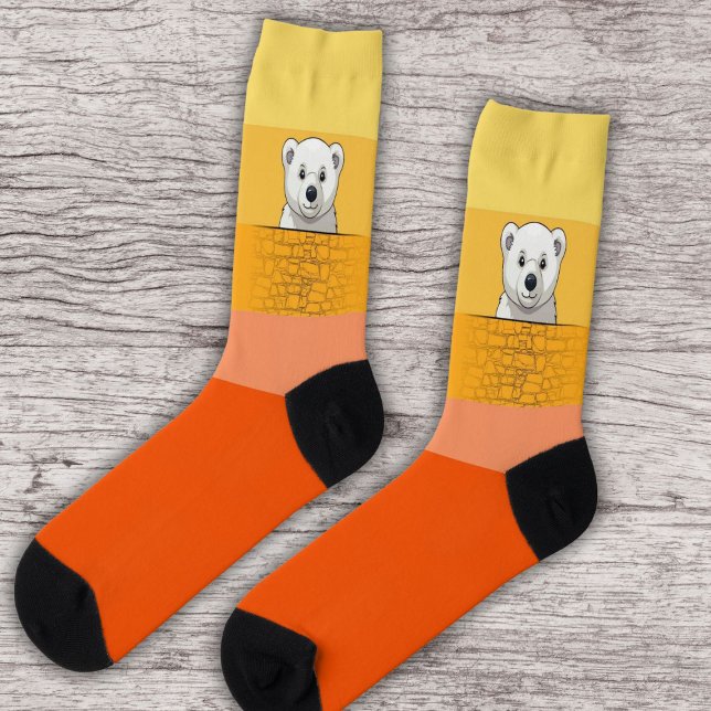 Bear looking over wall, Yellow Orange Shades Socks (Creator Uploaded)