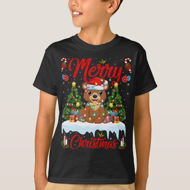 Bear Lover Xmas Lighting Santa Hat Bear Christmas T-Shirt (Front)