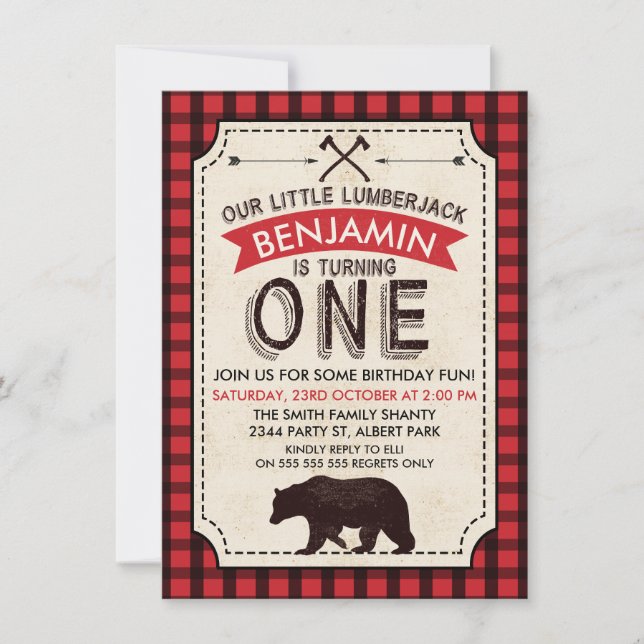 Bear Lumberjack 1st Birthday Invitation (Front)