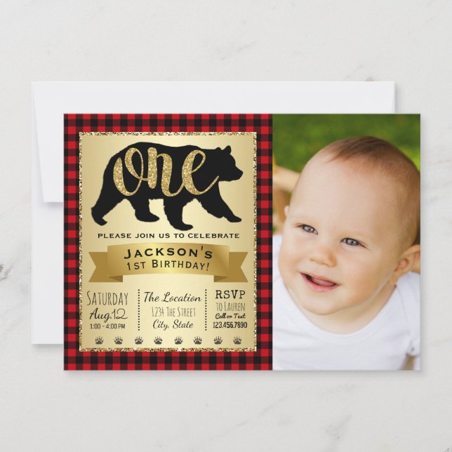 Bear Lumberjack 1st Birthday Party Invitations (Front)