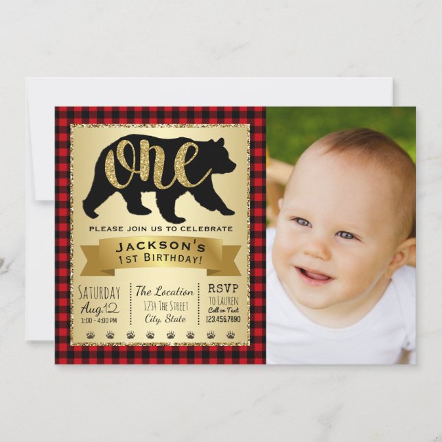 Bear Lumberjack 1st Birthday Party Invitations (Front)