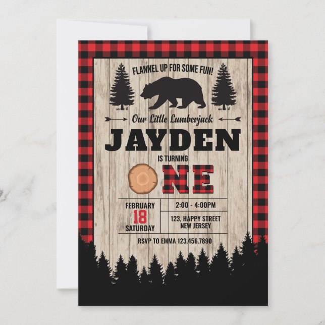 Bear Lumberjack Birthday Invitation. Boy Birthday Invitation (Front)