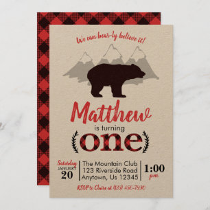 Bear Lumberjack Boy First Birthday Invitation