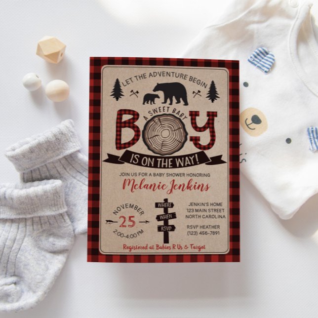 Bear Lumberjack Flannel Boy Baby Shower Invitation (Creator Uploaded)