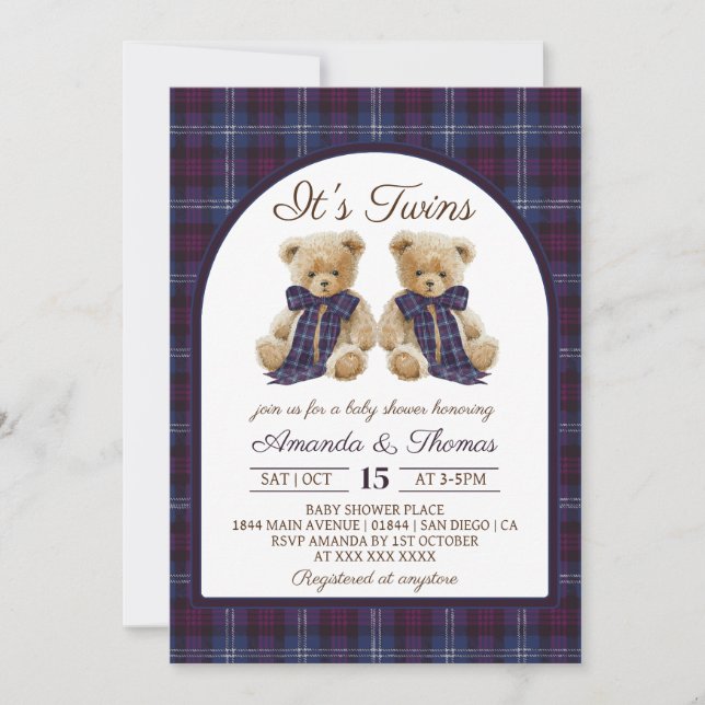 Bear Luxury Tartan Twins Baby Shower Invitation (Front)
