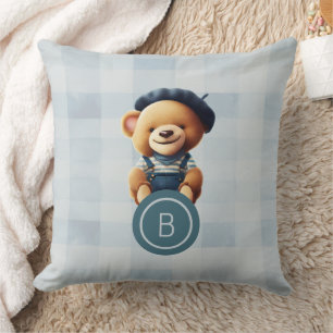 Bear Monogram Blue Gingham Cushion
