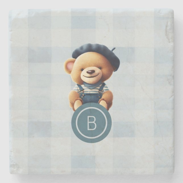 Bear Monogram Blue Gingham Stone Coaster (Front)