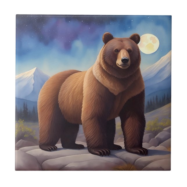 Bear Moonlight Mountain Wild Animal Ceramic Tile (Front)