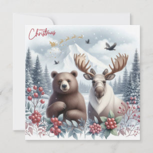 Bear, moose and beautiful nature at Christmas Holiday Card