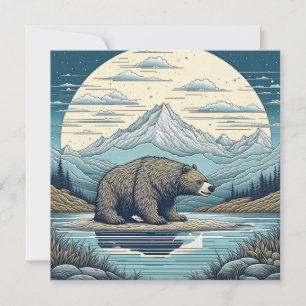 Bear, Mountains, Lake, Full Moon Ai Art