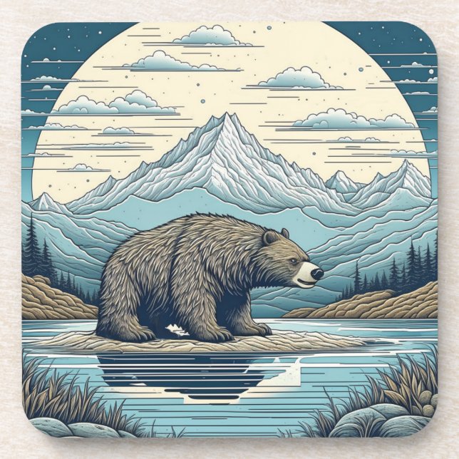 Bear, Mountains, Lake, Full Moon Ai Art Coaster (Front)