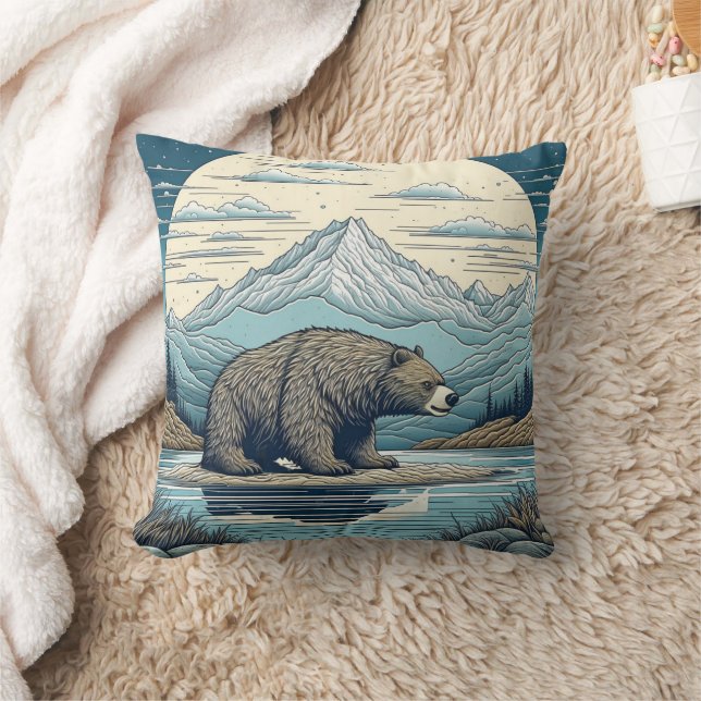Bear, Mountains, Lake, Full Moon Ai Art Cushion (Blanket)