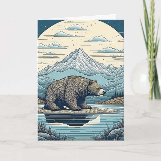 Bear, Mountains, Lake, Full Moon Birthday Card (Front)