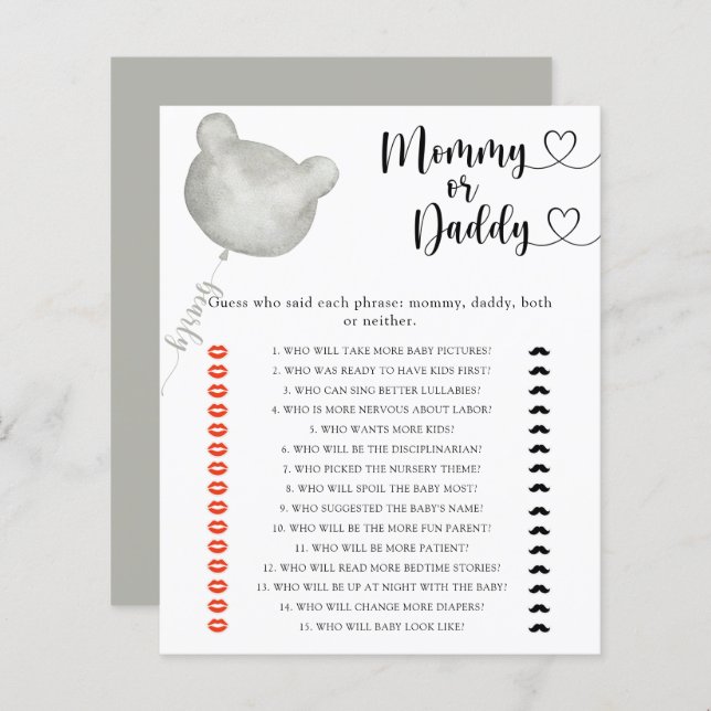 Bear mummy or daddy baby shower game (Front/Back)