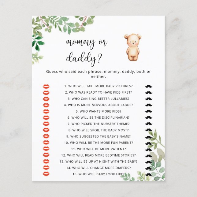 Bear mummy or daddy baby shower game (Front)