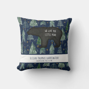 Bear Navy Blue Woodland Forest Baby Birth Stats Cushion