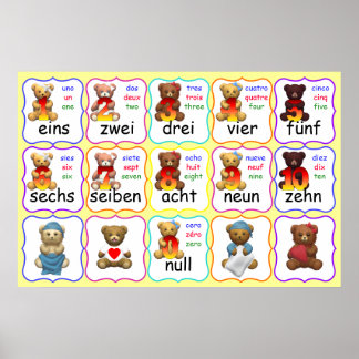 Bear Numbers in German English Spanish and French Poster