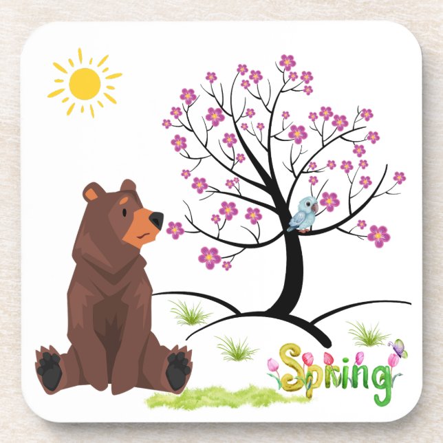 Bear observes the blooming tree and bird coaster (Front)