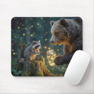 Bear Offering a Raccoon Jar of  Fireflies Mouse Pad