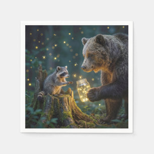 Bear Offering a Raccoon Jar of Fireflies Napkin
