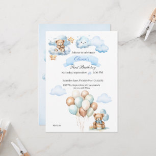 Bear on Aeroplane Blue Boys Birthday Invitation